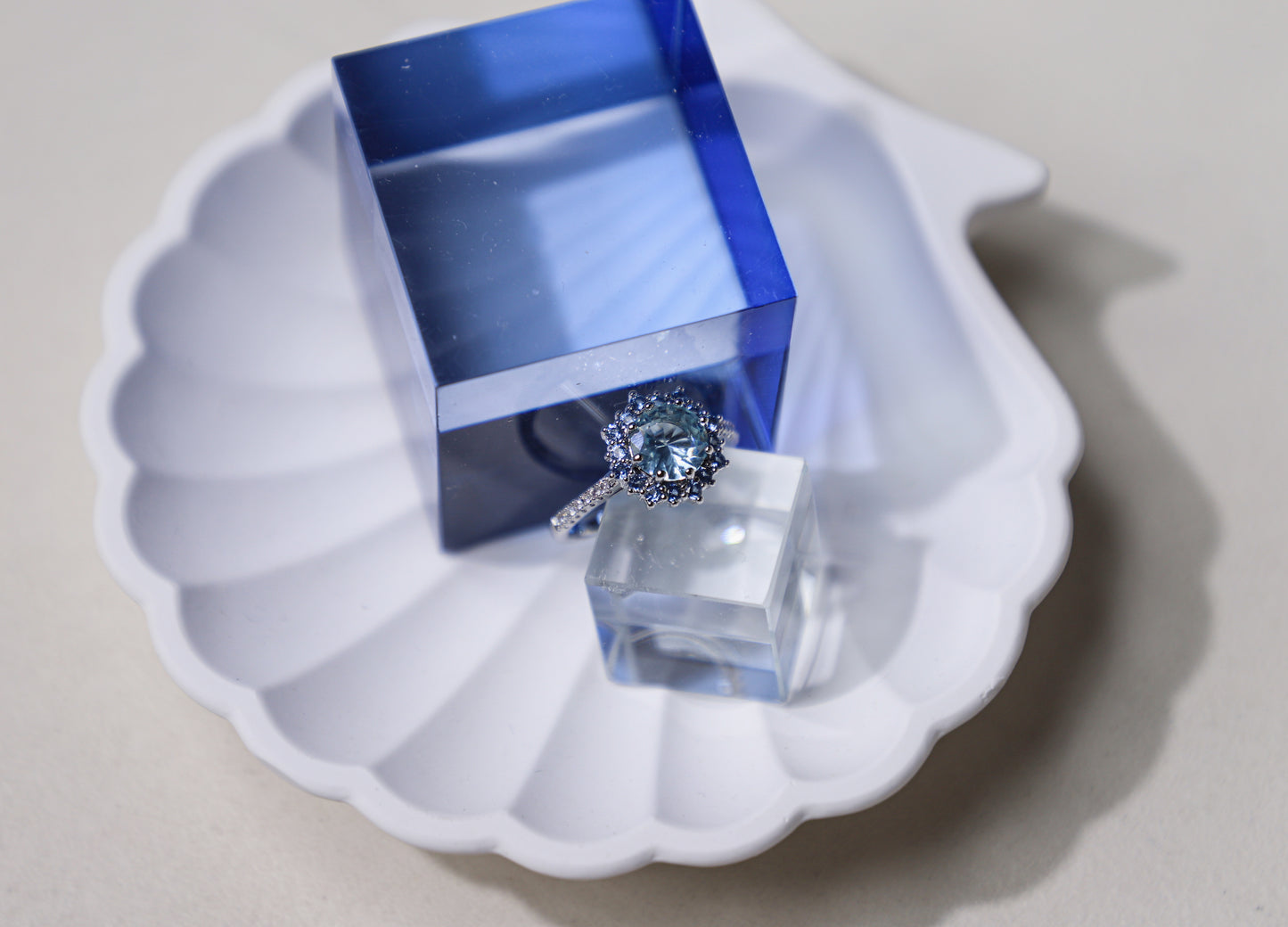 edoa Minimalist Sapphire Halo Aquamarine Ring 