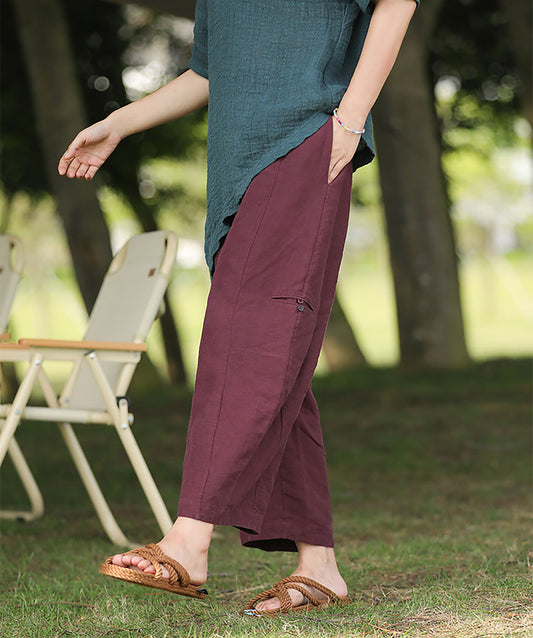 edoa Burgundy French Linen Tapered Pants