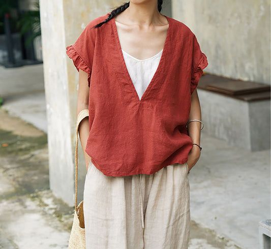 edoa Deep V-neck Washed Linen Pullover Top with Ruffled Sleeves