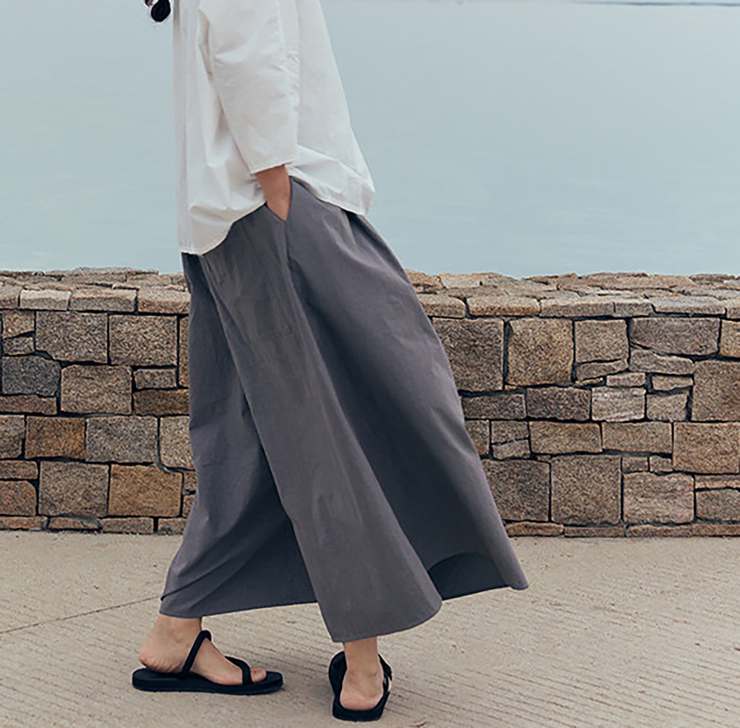 edoa Gray Loose Fitting High Densit Japanese Sun-dried Cotton Wide Leg Pants