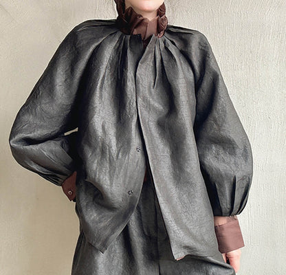 edoa Loose Cracked Mud Silk Bracelet Puff Sleeve Pleated Top