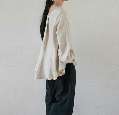 EDOA Romantic Ruffle Flax Linen Blouse