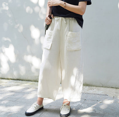 edoa White Linen Cargo Pants