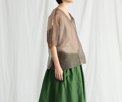 edoa Brown and Beige See-Through Silk T-Shirt 