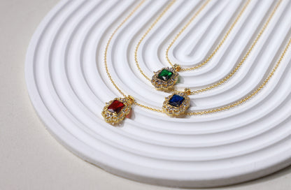 edoa Vintage Victorian Rectangle Halo Gemstone Necklace 