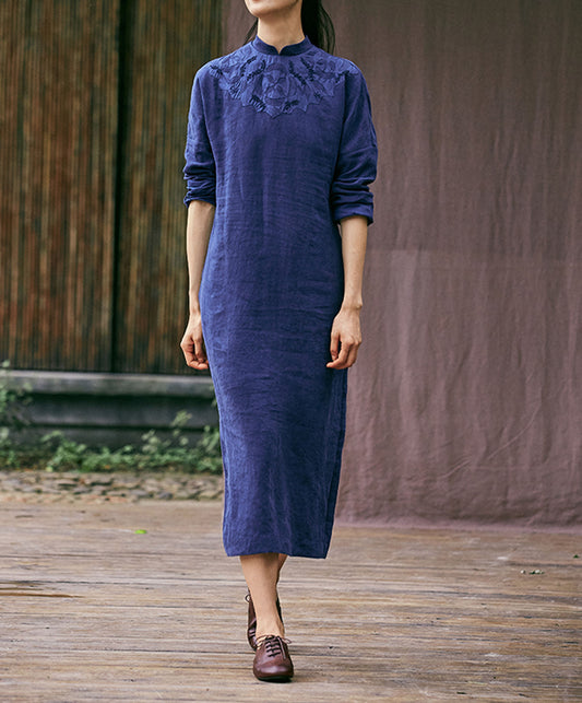 edoa Washed Linen Applique Qipao Dress