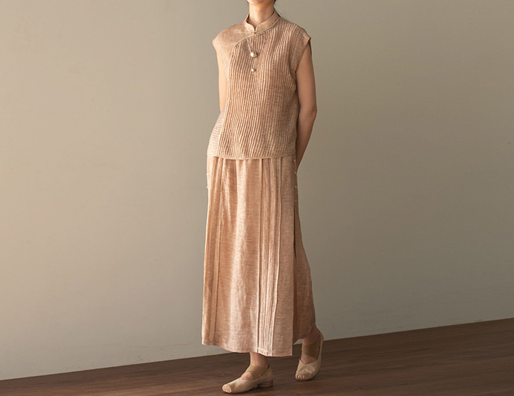 edoa Hand-pintucked Distressed Linen Rayon Blend Pen Skirt 