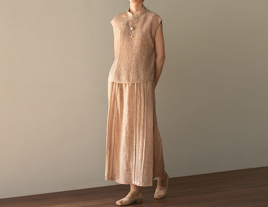 edoa Hand-pintucked Distressed Linen Rayon Blend Pen Skirt 