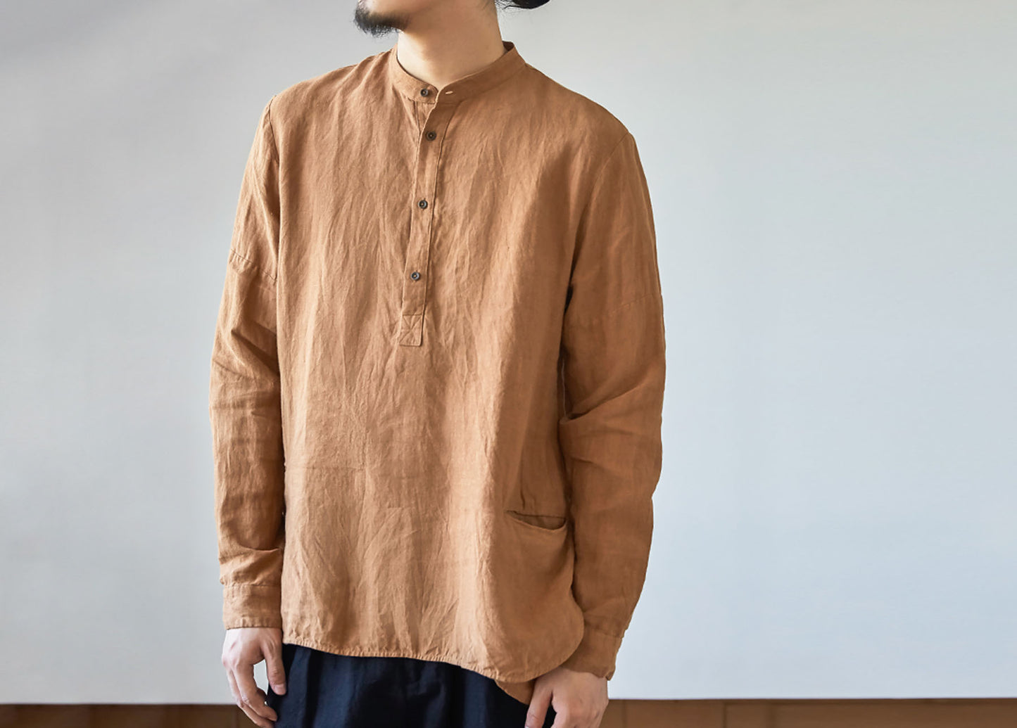 edoa Stand Collar Washed Linen Shirt 