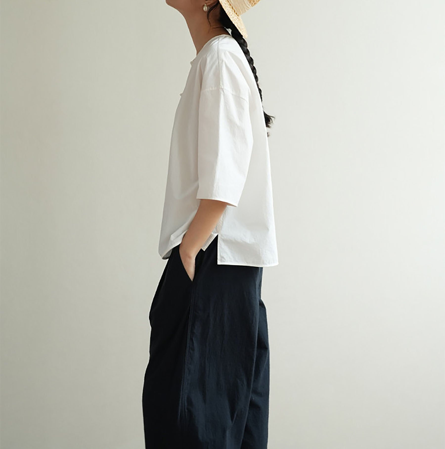 edoa 3/4 Sleeves Paper Cotton Round Neck Chinese Shirt 