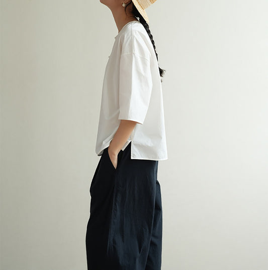 edoa 3/4 Sleeves Paper Cotton Round Neck Chinese Shirt 