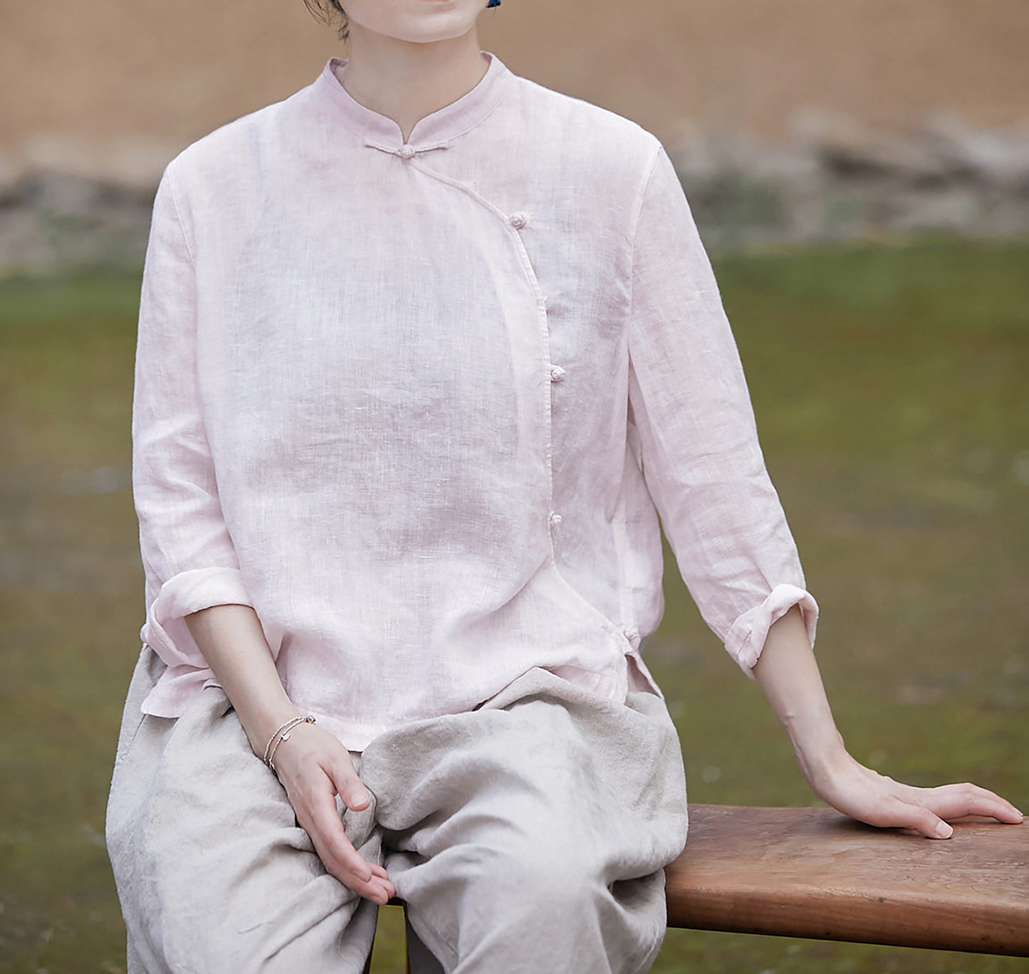 edoa Pink Linen Chinese Qipao Blouse