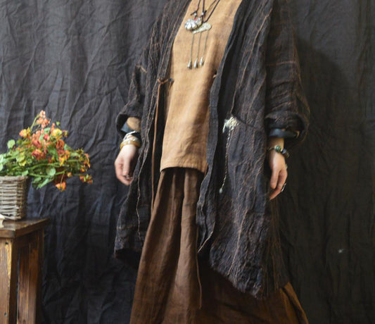 edoa Loose Fitting Persimmon Dyed Hand Woven Linen Cardigan Coat 