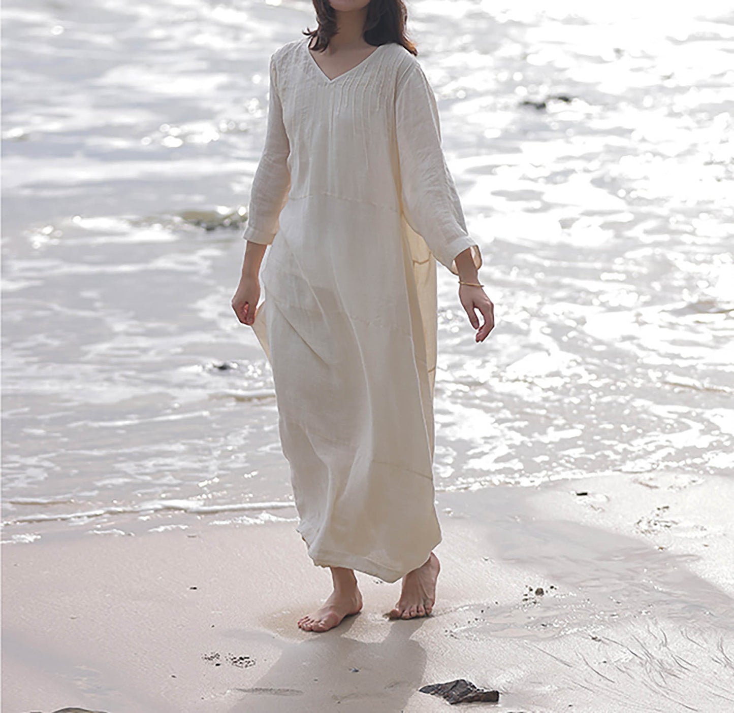 edoa Oversized Hand Pintucked Linen Ankle-length Dress