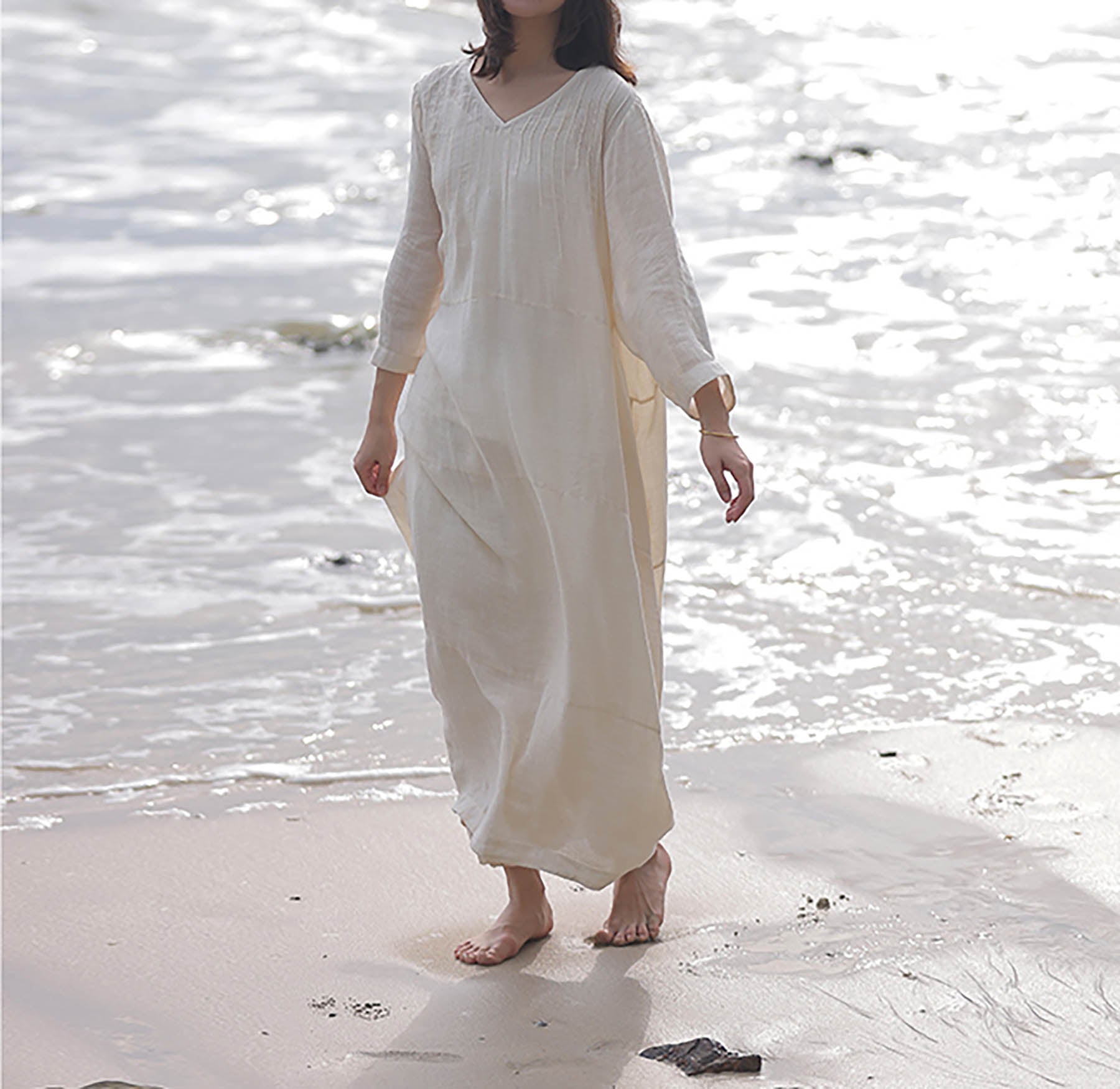 edoa Oversized Hand Pintucked Linen Ankle-length Dress