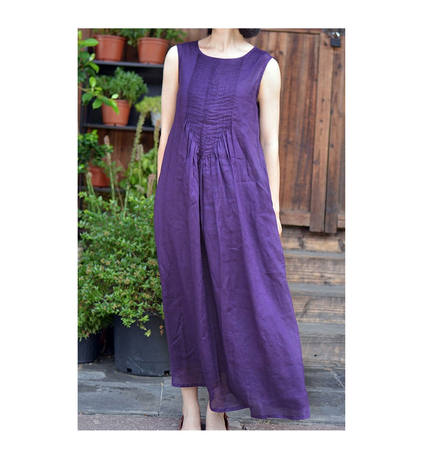 edoa Hand Pintucked Ramie Floor-length Tank Dress 