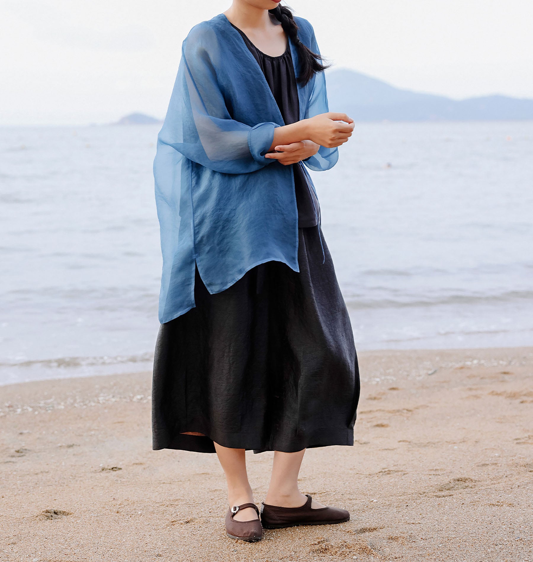 edoa Indigo Blue Mulberry Silk Organza Jacket 