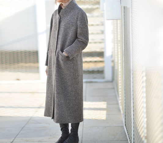 edoa Stand Collar Knit Wool Long Coat