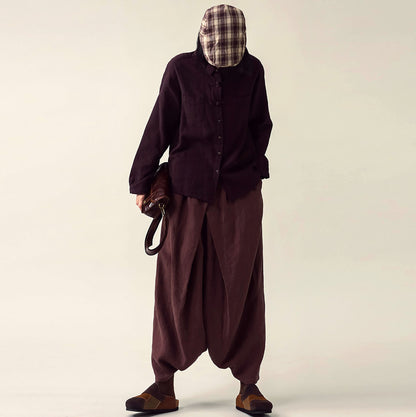 edoa Loose Drop Crotch Heavy Weight Linen Harem Pants