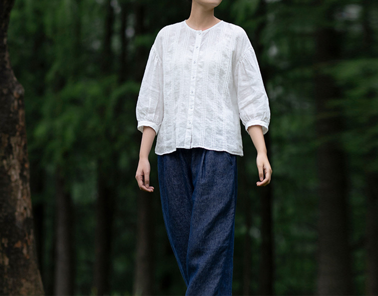edoa Thin Linen Vertical Pin Tucks Blouse