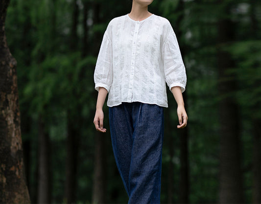 edoa Thin Linen Vertical Pin Tucks Blouse
