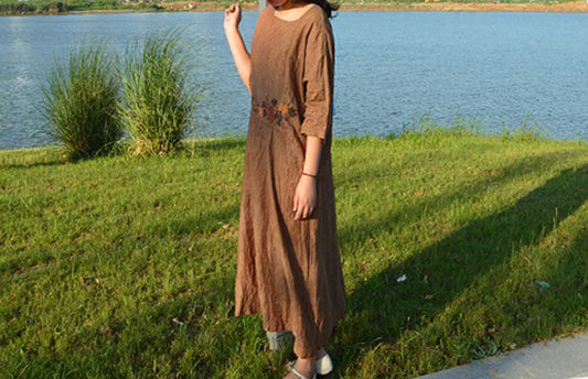 edoa Yarn dyed Linen Dress with Hand Embroidery 