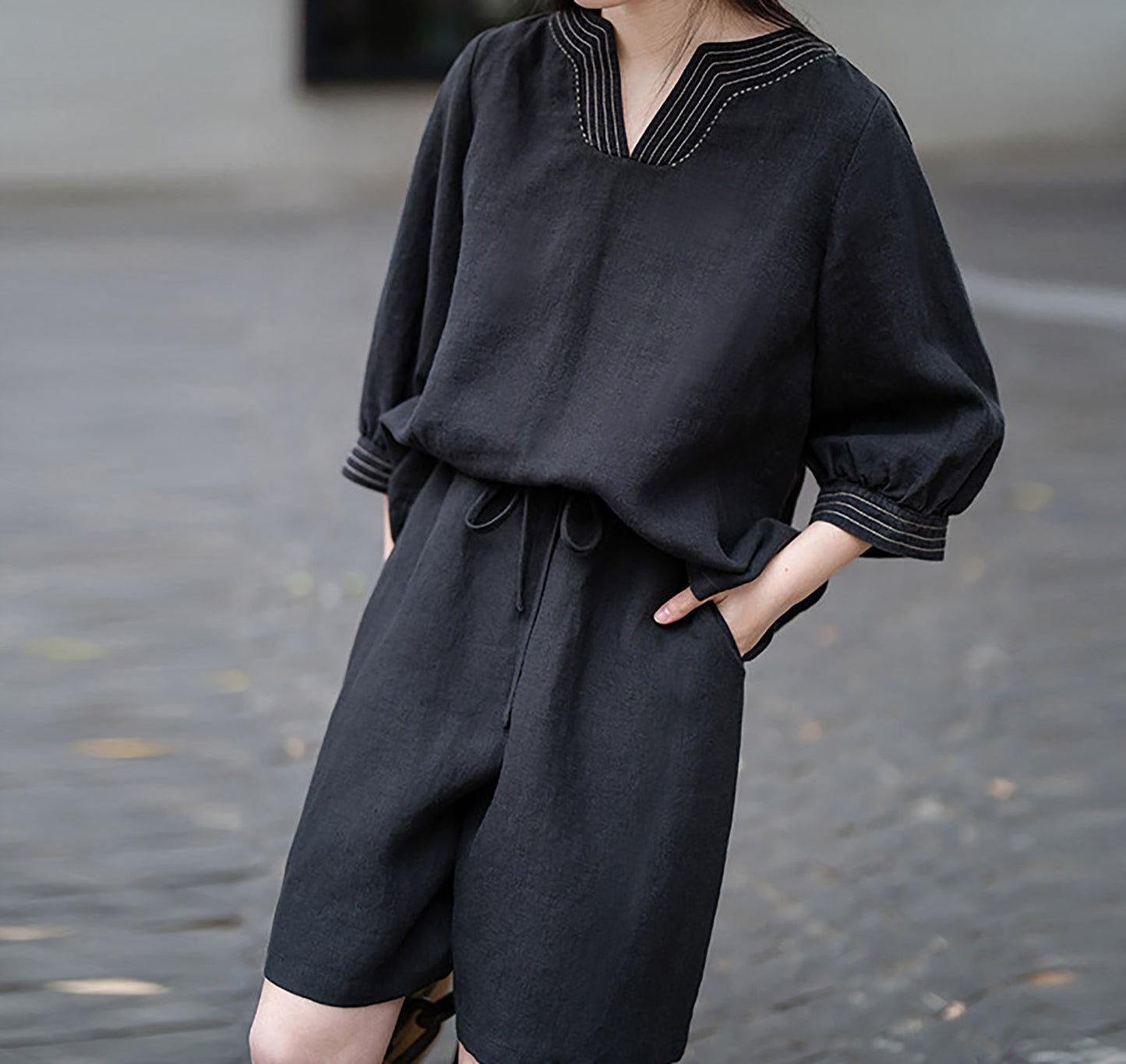 Loose Fitting Black Linen Shorts sr0004 Q713