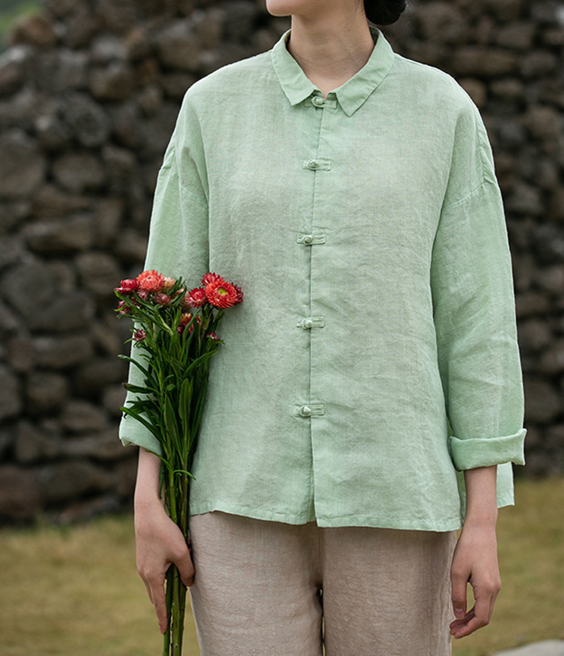 edoa Washed Linen Modified Cheongsam Blouse