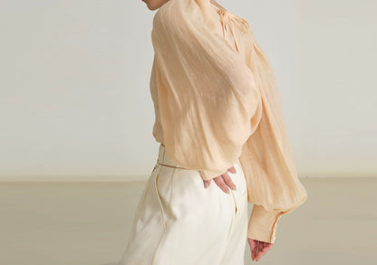 edoa Ramie Pleated Long Lantern Sleeve Blouse