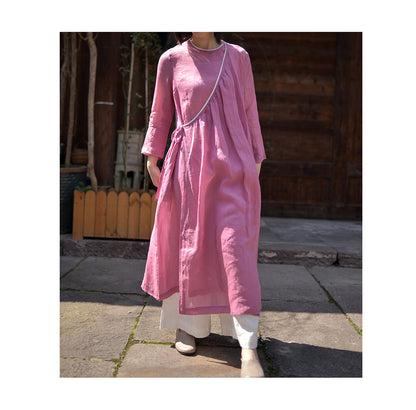 edoa Hot Pink Asymmetrical Washed Ramie Long Tie Dress 