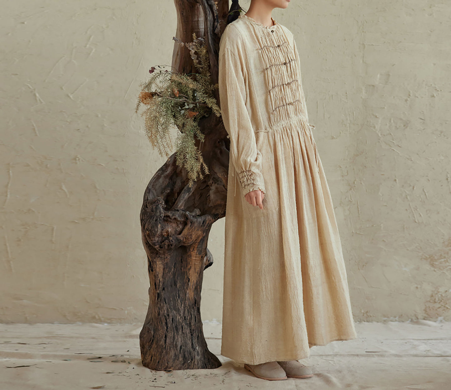 edoa Natural Raw TussaH Silk Smocking Shirt Dress