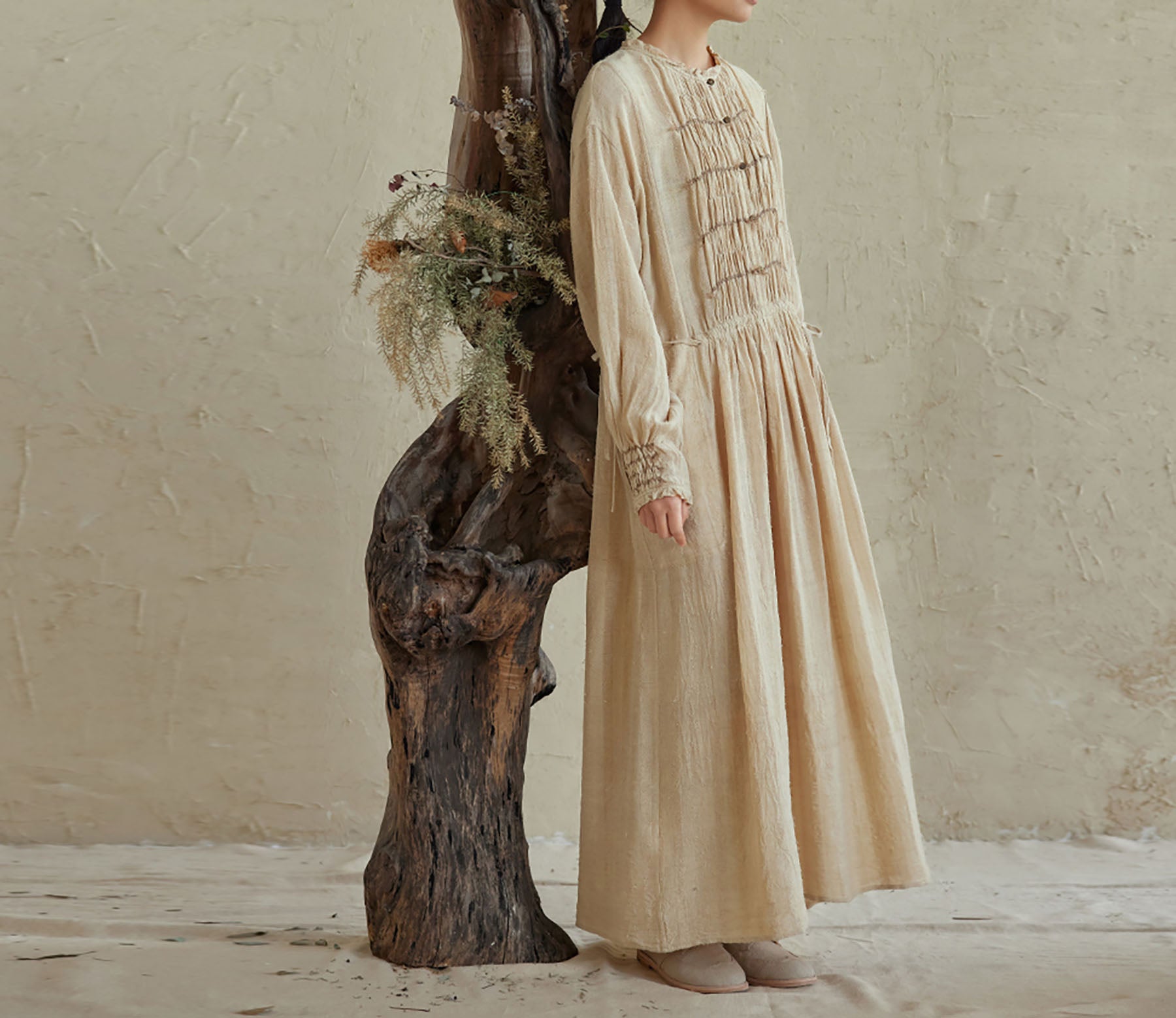 edoa Natural Raw TussaH Silk Smocking Shirt Dress