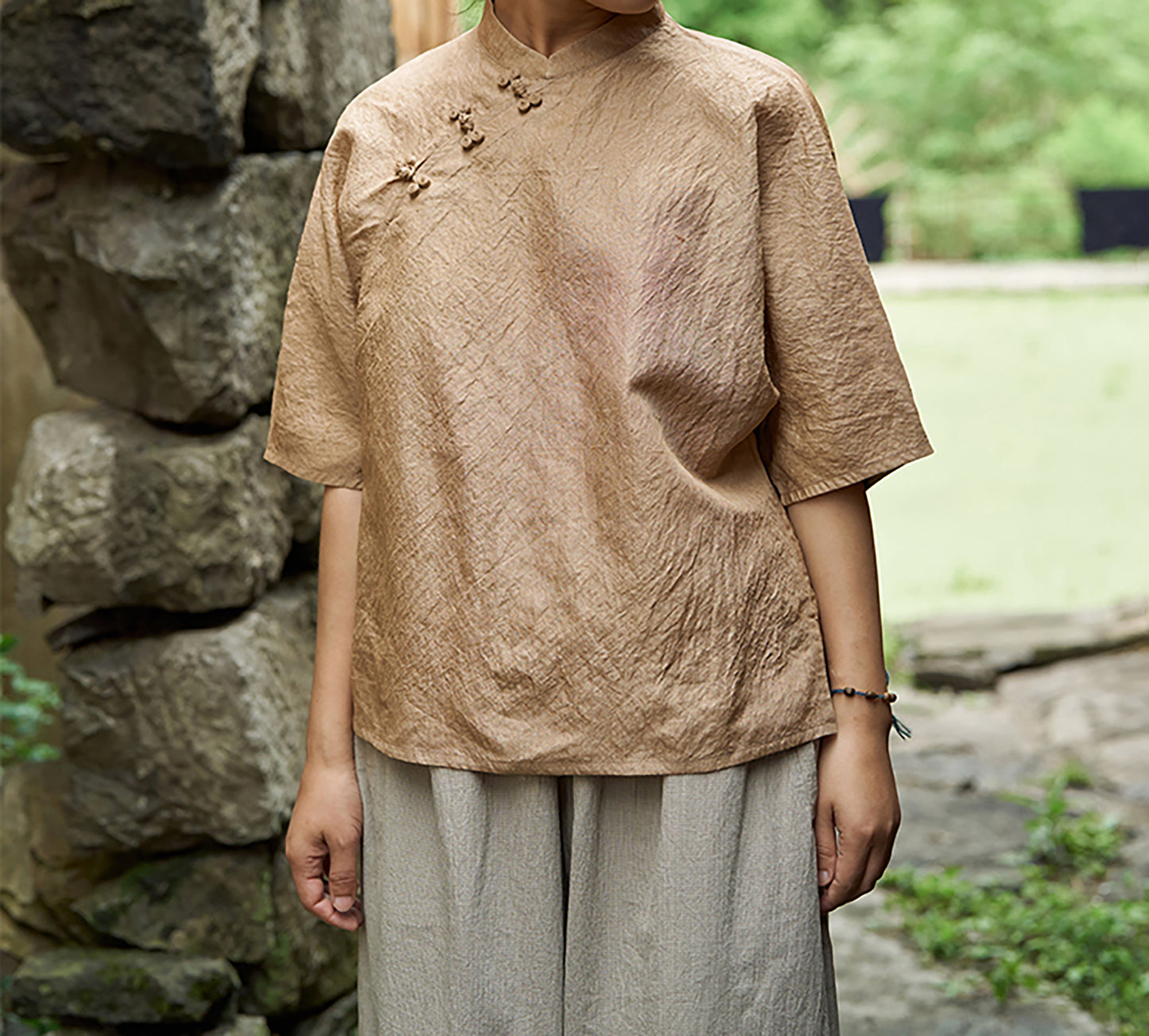 edoa Black Tea Dyed Dupioni Tussah Silk Chinese Blouse