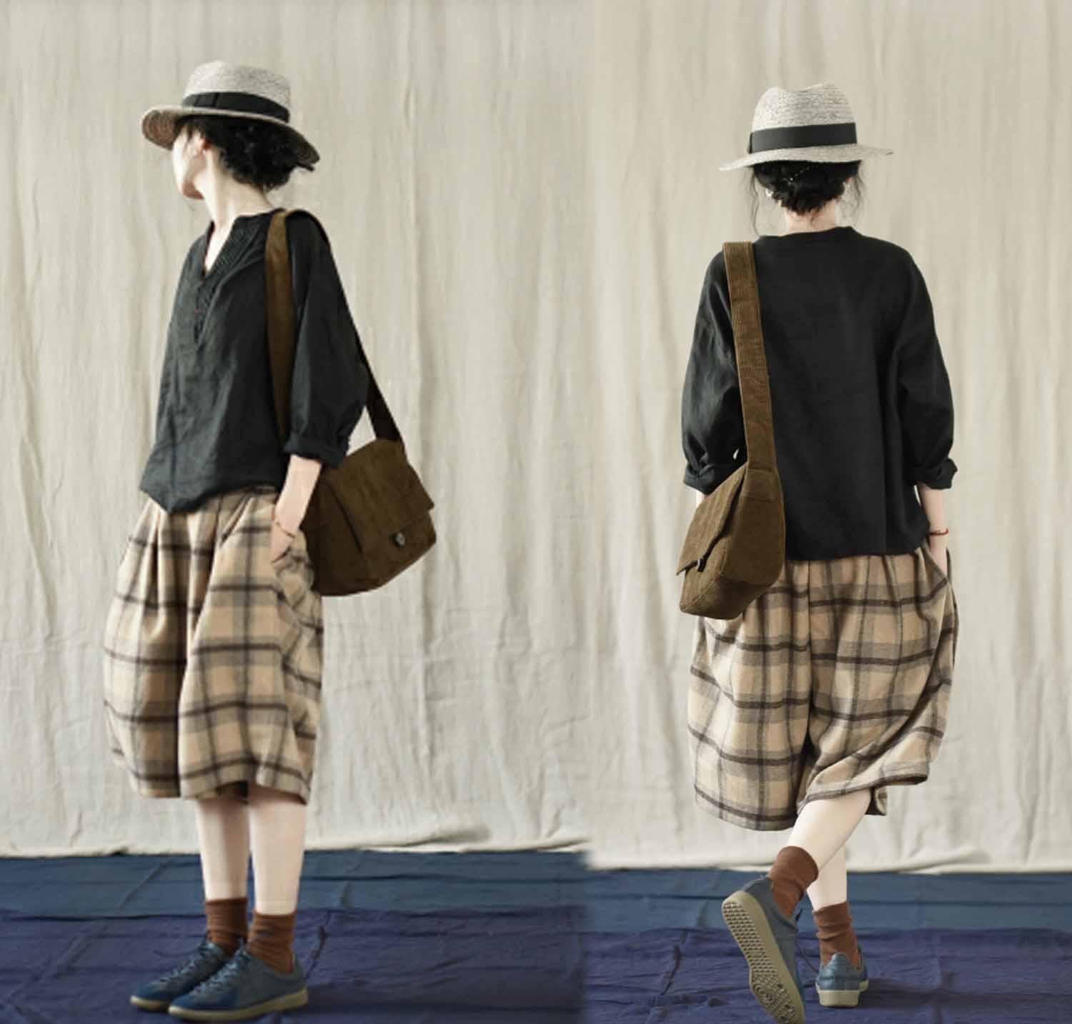 edoa Black V Neckline Pintucked French Linen Shirt