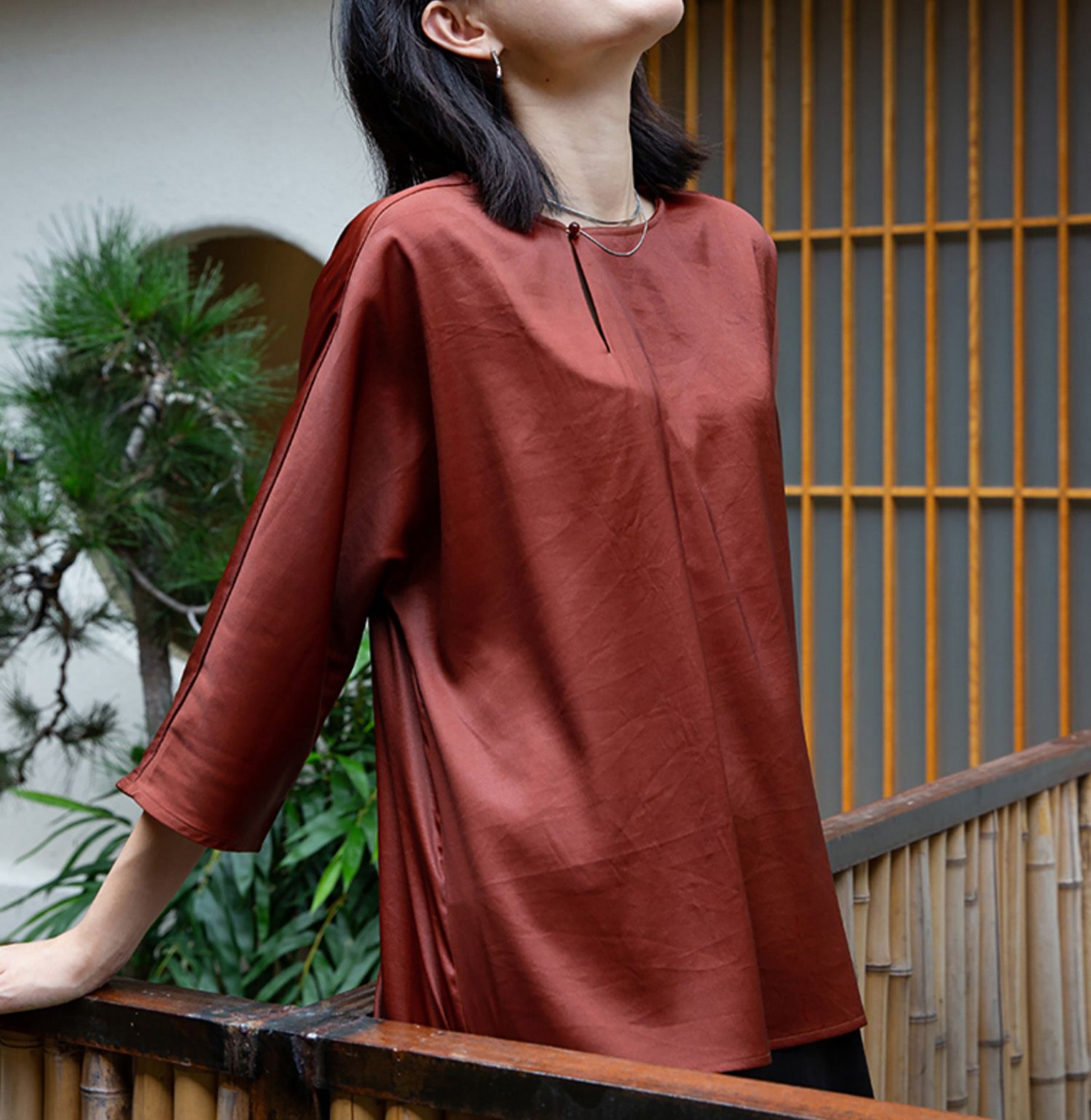 edoa Rust Mud Silk Satin Blouse 