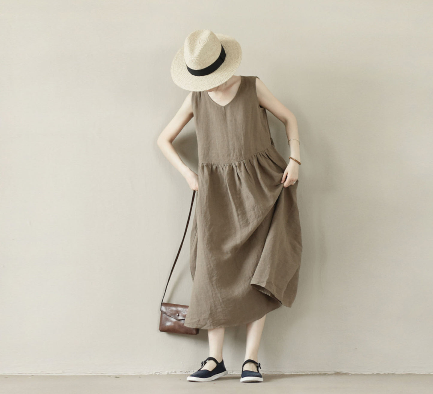 edoa Brown V-neckline High Waist Linen Sleeveless Dress