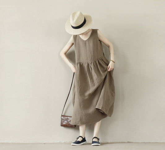 edoa Brown V-neckline High Waist Linen Sleeveless Dress