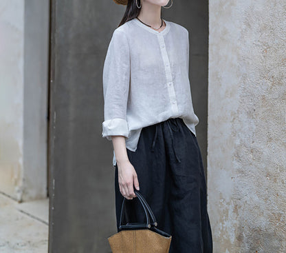 edoa White Linen Button Down Chinese Blouse