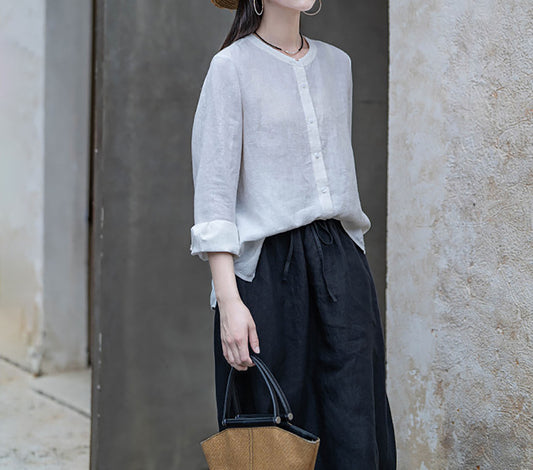 edoa White Linen Button Down Chinese Blouse