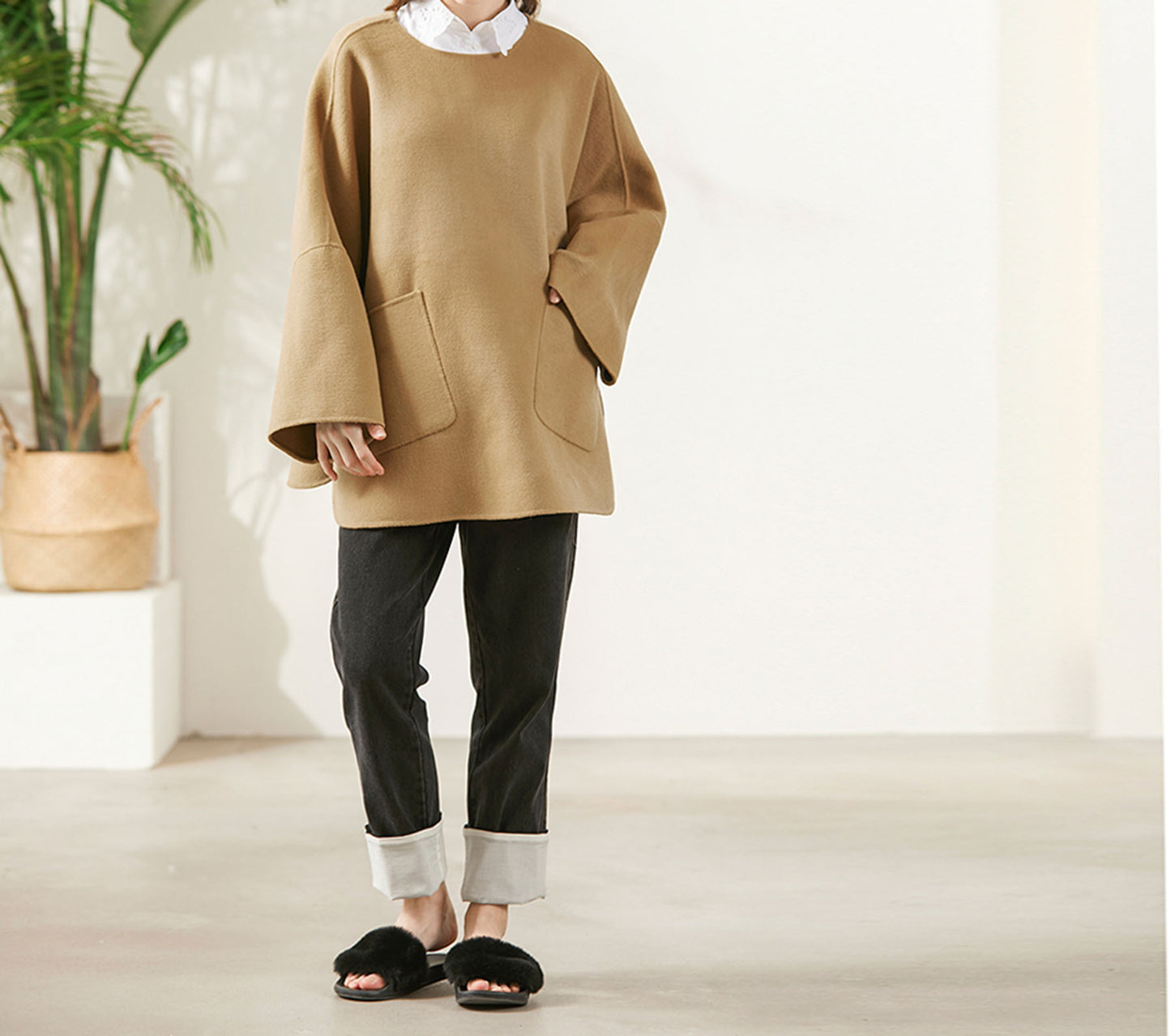 edoa Oversized Double-faced Wool Poncho Coat