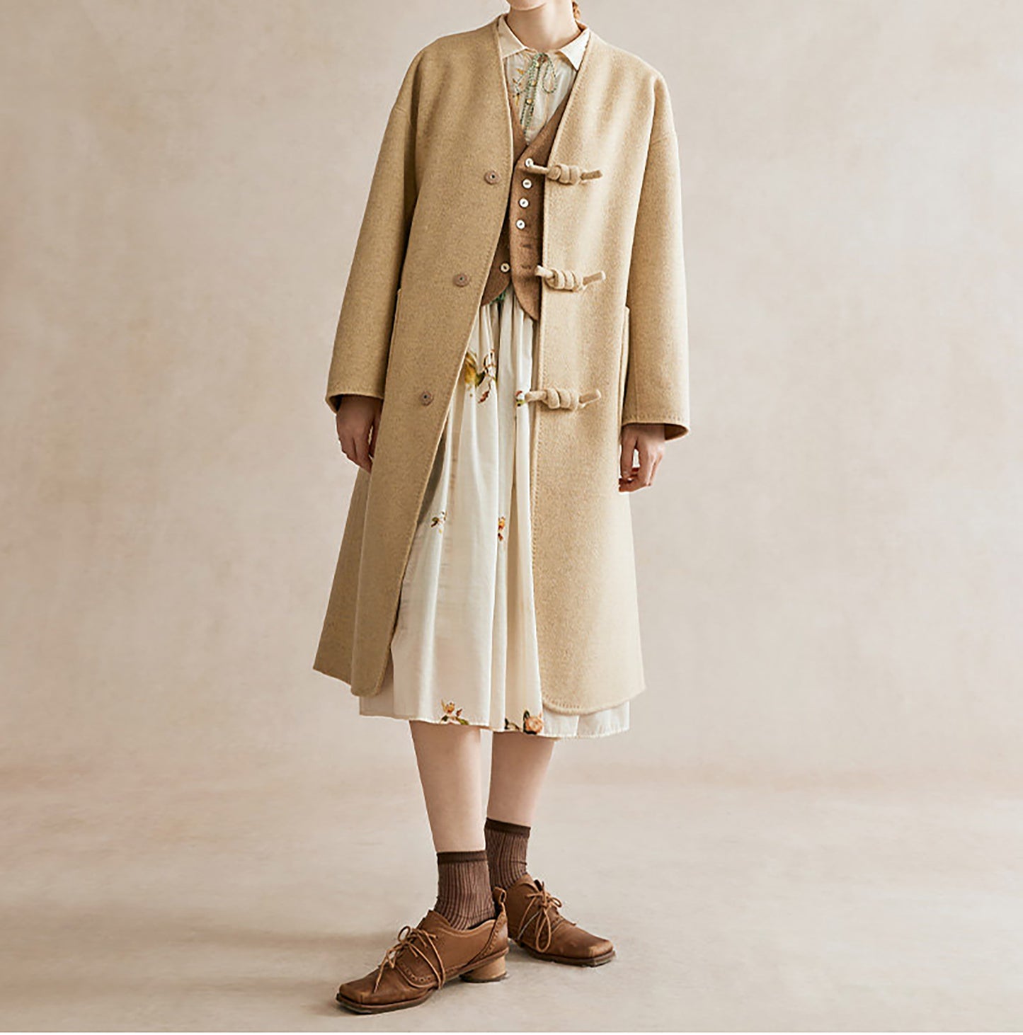EDOA New Chinese Style Double-faced Wool Long Coat