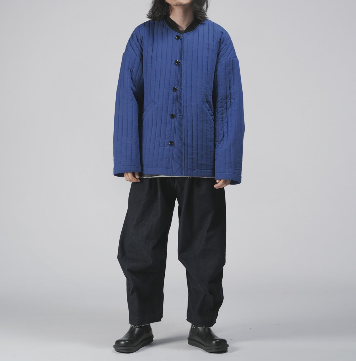 edoa Blue Linen blend Quilted Chinese Style Padded Jacket