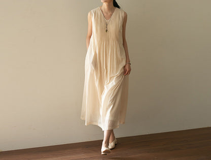 edoa High Count Cotton Pintucked Sleeveless Dress
