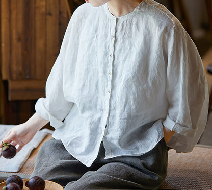 edoa Free Size Loose White Linen Petal Blouse 