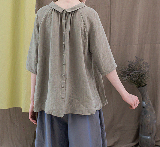 edoa Revesible Yarn dyed French Linen Peterpan Collar Blouse with Gather Neck