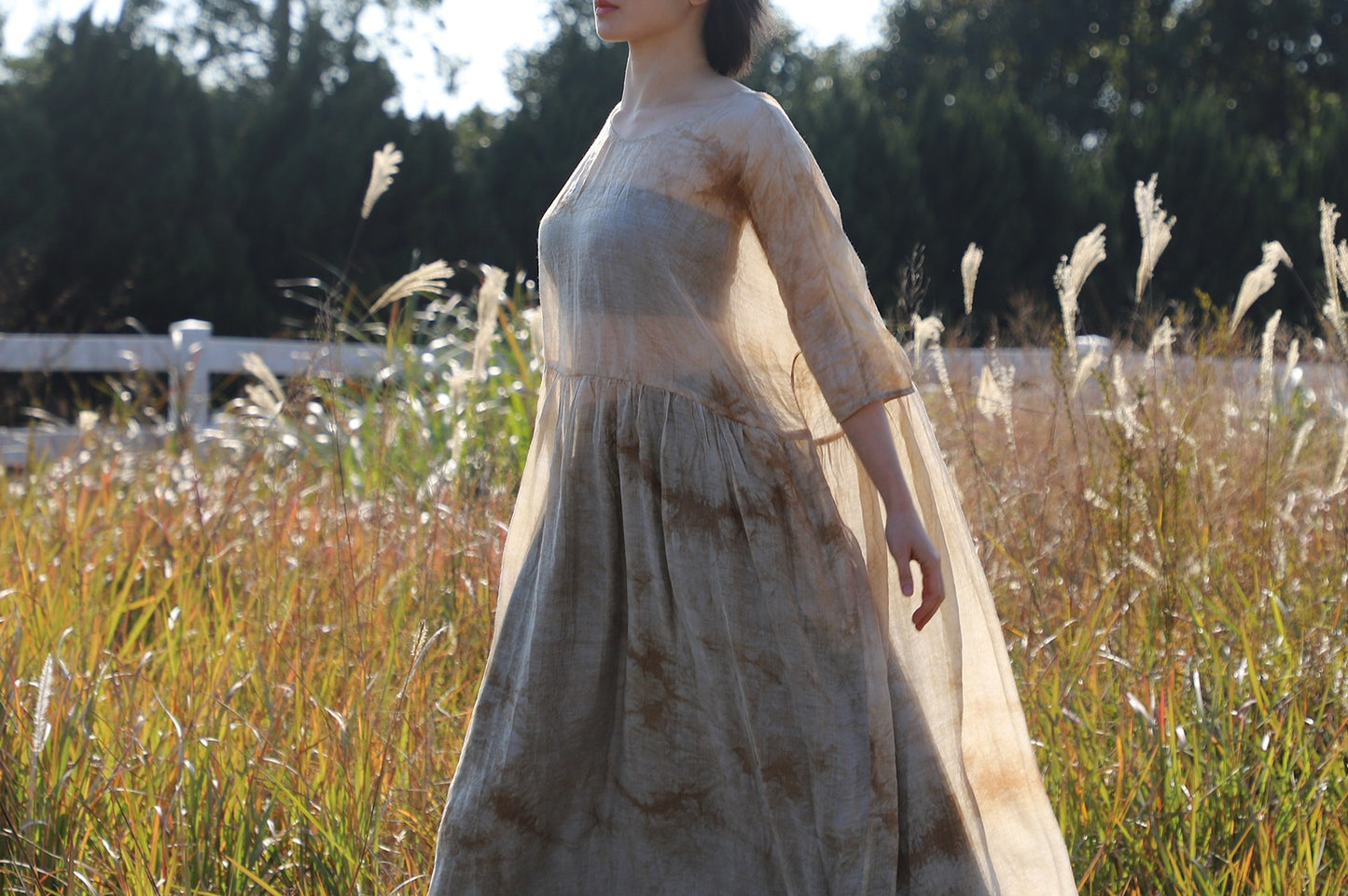 edoa Low Gathered Waist Oversized Linen Rayon Blend Dress