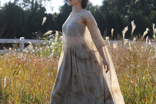edoa Low Gathered Waist Oversized Linen Rayon Blend Dress