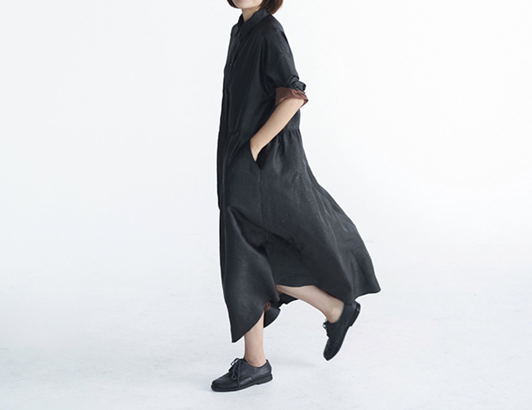 edoa Buttoned Cracked Mud Silk Low Waist Dress