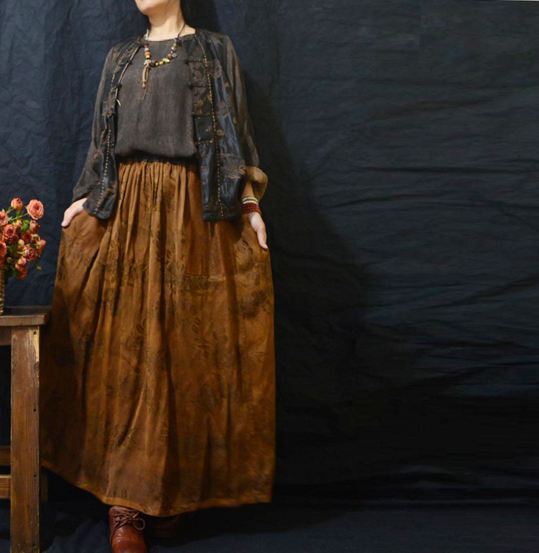 edoa Reversible Mud Silk Rayon Blend Jacquard Skirt