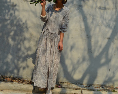 edoa Double Layered Pintucked Yarn dyed Linen Dress